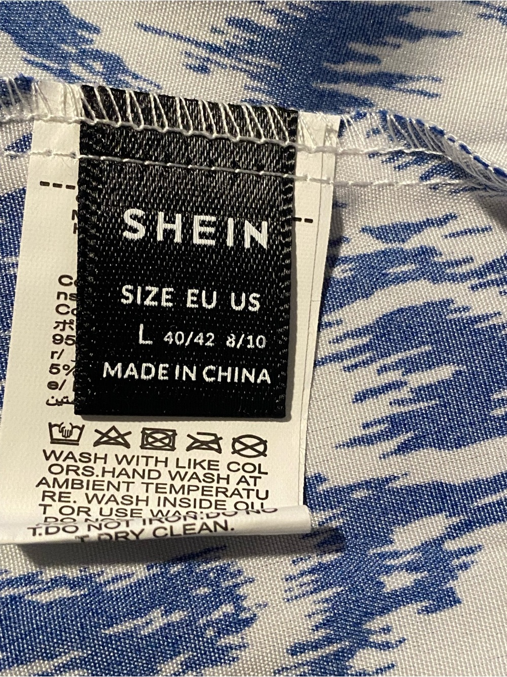 SHEIN Blue White Ikat Print Mini Dress Size L Flutter Sleeve Button Front - Picture 5 of 6